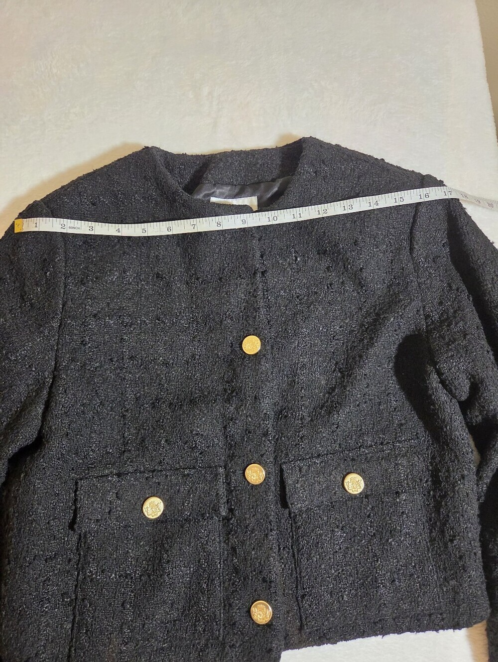 Abercrombie & Fitch Black Collarless Tweed Jacket Gold Buttons Size M - Picture 8 of 12